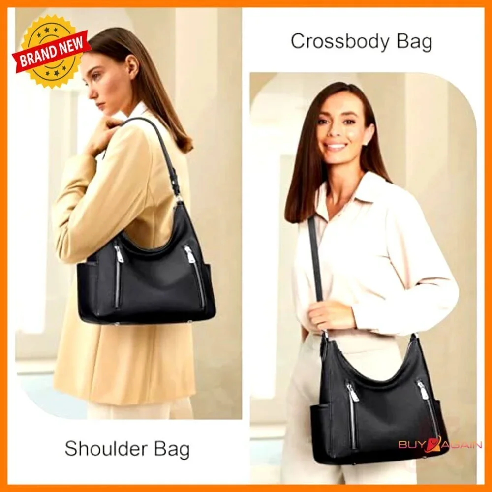 Genuine Leather Hobo Shoulder Crossbody Bag with Multiple Pockets